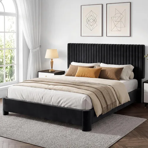 Miniatura 15 de Vipbear Base de cama de tamaño matrimonial con heaboard, marco de cama tapizado de terciopelo de lujo con soporte de listones de madera, bajo