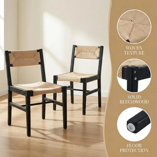 Miniatura 4 de Juego de 2 sillas de comedor de ratán modernas de mediados de siglo, sillas de cocina de madera de haya negra, sillas de comedor tejidas de granja