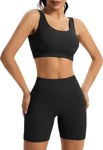 Chiphell Conjuntos de entrenamiento acanalados para mujer, 2 piezas, cuello cuadrado, ombliguera y pantalones cortos de ciclista de cintura alta,
