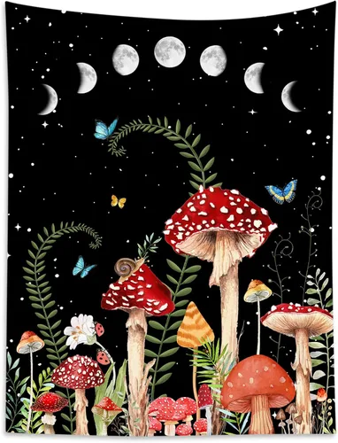 HVEST Tapiz de hongos para colgar en la pared, tapiz bohemio de plantas y mariposas, noche con fase lunar y estrella, decoración de pared para