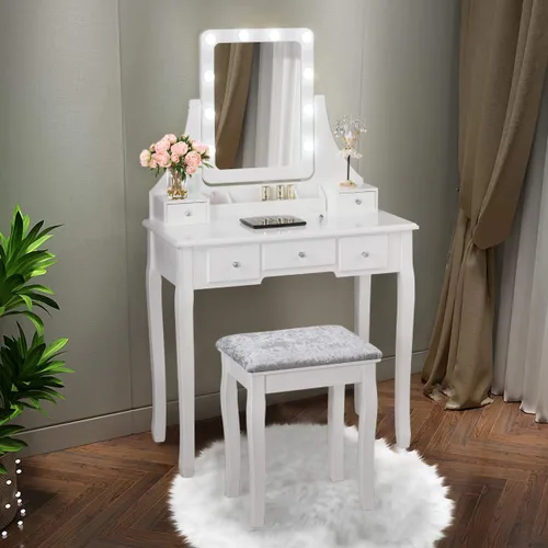 Miniatura 9 de COSTWAY Juego de escritorio de tocador con espejo iluminado, escritorio giratorio de 360° con 10 bombillas LED, tocador de maquillaje con 5 cajones