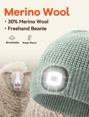 Miniatura 2 de Beanie Hat with Light, Merino Wool Winter Hat LED Knit Beanie Hat USB Rechargeable Night Scope Gift for Men Women