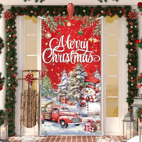 Miniatura 14 de Cubierta de puerta de Navidad, muñeco de nieve, decoración de fondo de fotografía grande, cartel de porche para invierno, interior y exterior