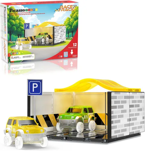 Miniatura 9 de PicassoTiles Juego de construcción de pista de carreras de 100 piezas magnéticas con coches LED, carreteras ajustables y señales, kit de juguete