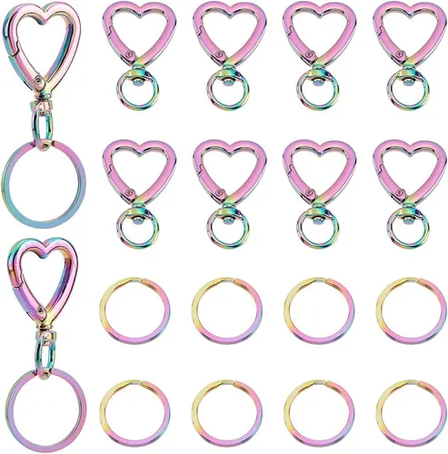 PH PandaHall 20 clips de llavero con forma de corazón, 10 llaveros redondos de acero inoxidable 304 de 1 pulgada, 10 ganchos de metal para gatillo a