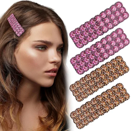 HINZIC 4 pinzas para el cabello con diamantes de imitación a presión, pinzas de cristal brillante, horquillas rectangulares, pasadores coreanos,