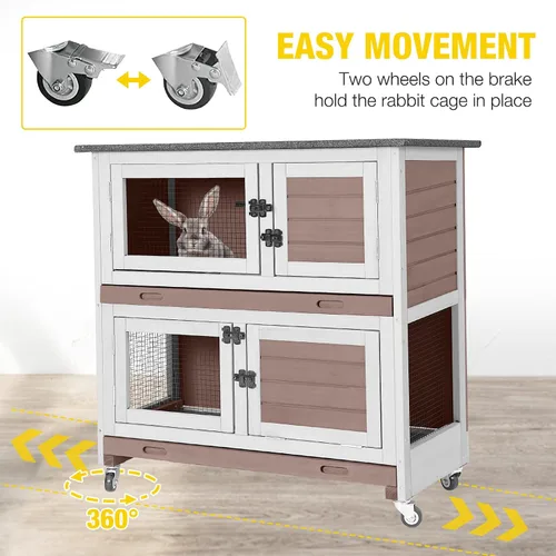Miniatura 2 de Aivituvin Rabbit Hutch - Jaula para conejitos de interior para exteriores, casa de mascotas de 2 pisos, jaula de conejillo de indias con ruedas