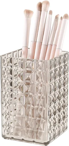 Miniatura 8 de DASITON Organizador de brochas de maquillaje, taza de brochas de maquillaje acrílica, soporte para brochas de maquillaje a rayas de diamante