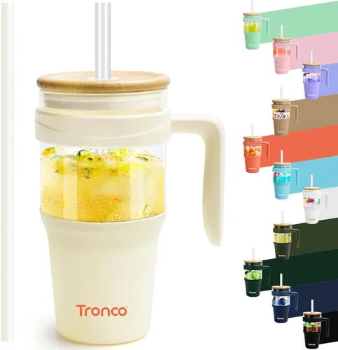 Miniatura 34 de Tronco Vaso de vidrio de 32 onzas con popote y tapa, tapa con popote 2 en 1 a prueba de fugas, botellas de agua de vidrio con asa, apto para Rosa