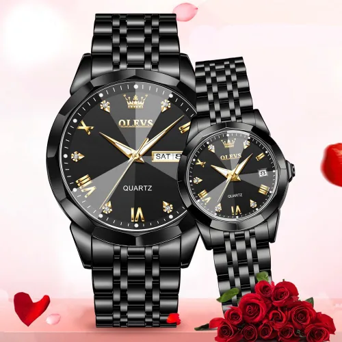 Miniatura 32 de OLEVS Juego de 2 relojes de cuarzo para parejas de San Valentín, calendario luminoso, ventana de fecha, 3 ATM, impermeable, casual, acero