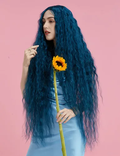 Miniatura 28 de Style Icon Pelucas de Encaje Frontal de 41" Largas Onduladas Sintéticas con Baby Hair Ombre Marrón Claro Estilo Bohemio Semi Atadas a Mano Densidad