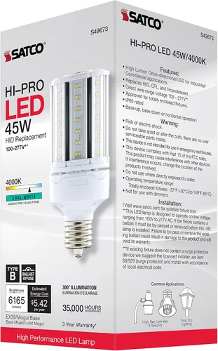 Miniatura 9 de Satco S49673 - Bombilla LED HID de mazorca de maíz, base extendida Mogul, 45 W, clasificación de 35000 horas, 6165 L, blanco frío