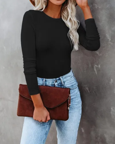 Miniatura 7 de VICHYIE Ropa de otoño para mujer, cuello redondo, acanalada, manga larga, ajustada, camiseta básica casual
