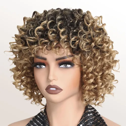 Miniatura 9 de Peluca rizada corta con flequillo peluca sintética afroamericana para mujeres negras, fibra sintética de alta temperatura, pelucas rizadas