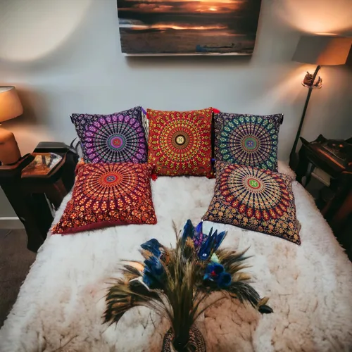 Miniatura 8 de Juego de 5 fundas de almohadas decorativas bohemias - Cojines decorativos de seda para sofá, sillón y cama - Decoración del hogar de inspiración