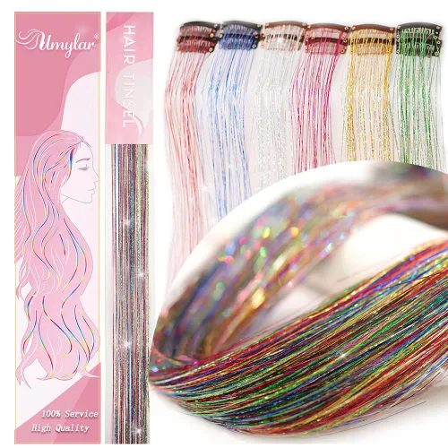 Miniatura 22 de Paquete de 12 extensiones de cabello de oropel con clip, paquete de 12 unidades, 20 pulgadas, extensiones de cabello de oropel con purpurina, negro#