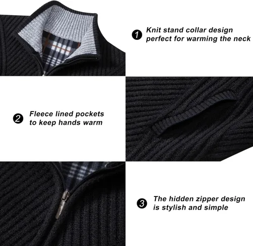 Miniatura 11 de VtuAOL Suéteres tipo cárdigan para hombre, con cremallera completa, cuello alto, cárdigan de punto casual con bolsillos