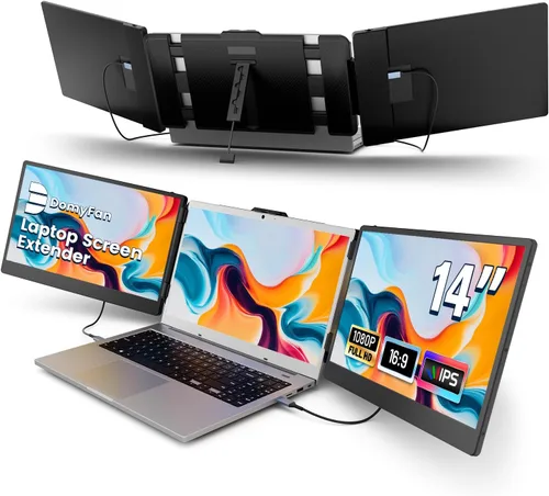 domyfan Extensor de pantalla para portátil de 14 pulgadas, FHD 1080P IPS triple monitor portátil para laptop, HDMI/USB-A/Tipo-C para Windows, Mac,