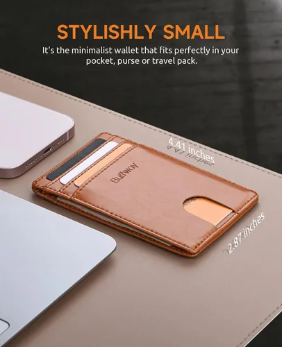 Miniatura 48 de Buffway Billetera delgada para hombre, minimalista con bolsillo frontal delgado, tarjetero de cuero con bloqueo RFID para viajes de trabajo
