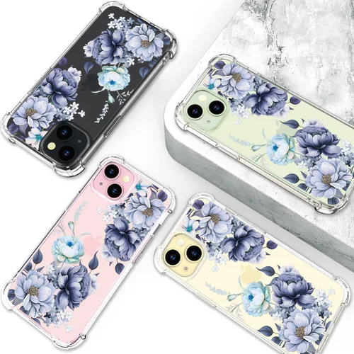 Miniatura 7 de Hungo Funda compatible con iPhone 15 Plus para mujer, diseño floral transparente, lindo, flor azul rosa Rosas Azules