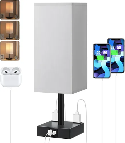 Miniatura 12 de Lámpara de mesa de noche táctil, con pantalla, puertos de carga USB C+A y salidas de CA duales, para dormitorio, sala de estar, oficina