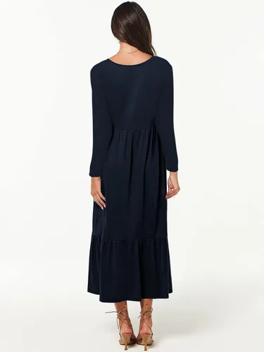 Miniatura 2 de Paintcolors Vestido largo casual de manga larga con cuello en V para mujer, vestido escalonado, color sólido, holgado, con vuelo, vestido midi