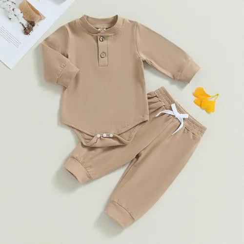 Miniatura 3 de Ropa de bebé recién nacido, ropa de punto acanalado, manga larga, pantalones de algodón sólido, trajes de otoño e invierno, 2 piezas