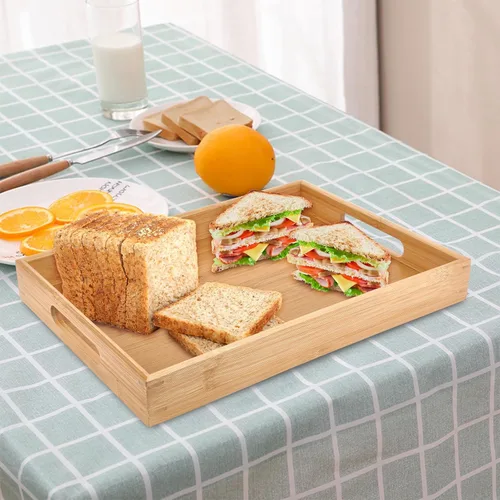 Miniatura 6 de Bandejas de bambú para comer en el sofá, platos de fiesta para servir alimentos, bandeja decorativa para encimera de cocina rectangular