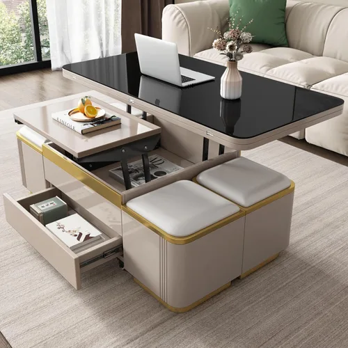 Guyii Mesa de centro elevable con taburetes de almacenamiento, mesa central 3 en 1, altura ajustable, mesa plegable para sala de estar, ahorro de
