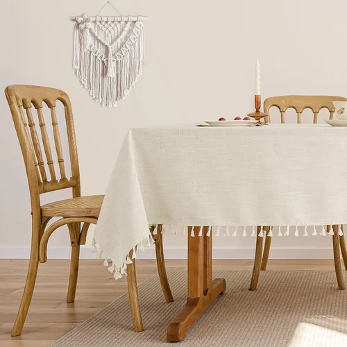Miniatura 8 de Mantel rectangular de lino beige crema para comedor y cocina, mantel rectangular de arpillera de lino con borlas, resistente, rústico, campestre