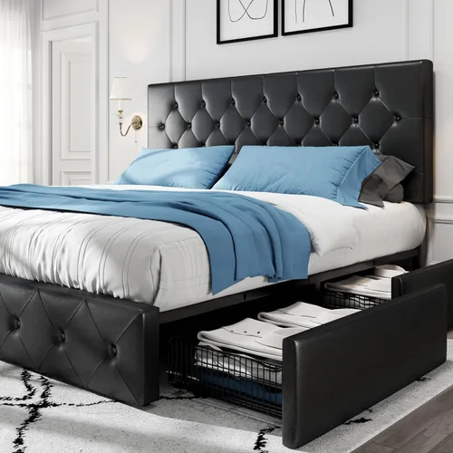 Miniatura 10 de HOOMIC Base de cama de almacenamiento de plataforma de tamaño matrimonial con 4 cajones y cabecera ajustable, listones de madera, no necesita Gris