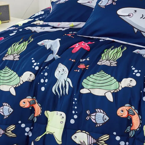 Miniatura 7 de RYNGHIPY Juego de ropa de cama para cama individual para niños, reversible, con estampado de animales marinos, juego de edredón para niños y niñas