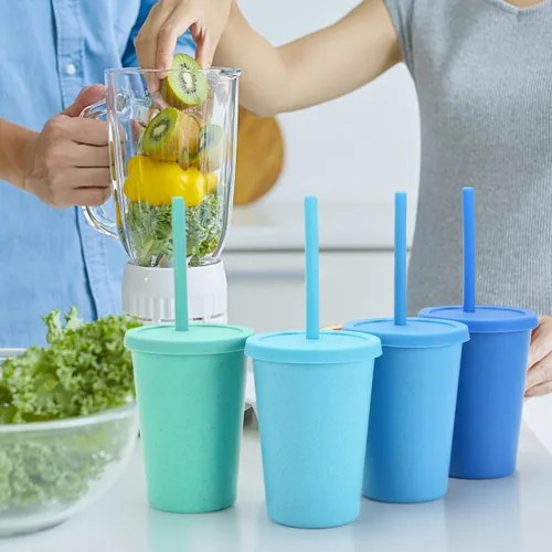 Miniatura 6 de Mfacoy Paquete de 4 vasos de paja de trigo con tapa y pajitas, vaso irrompible de 10 onzas para niños, vasos reutilizables para beber, vaso pequeño