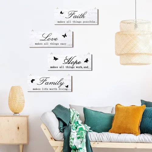 Miniatura 4 de Jetec 4 carteles de pared de madera con texto en inglés «Faith Love Hope», placas rústicas de granja blancas con citas inspiradoras, decoración