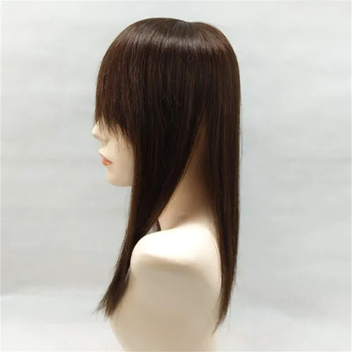 Miniatura 2 de Peluca de cabello humano lacio de 18 pulgadas de largo con flequillo, clip en la parte superior para mujeres con cabello delgado, color marrón oscuro