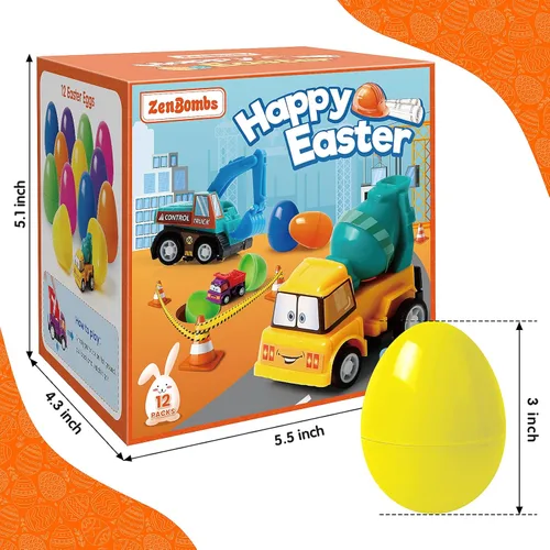 Miniatura 2 de ZenBombs - Paquete de 12 huevos de Pascua de plástico rellenos con vehículos de ingeniería extraíbles, juguetes de sitios de construcción, camiones