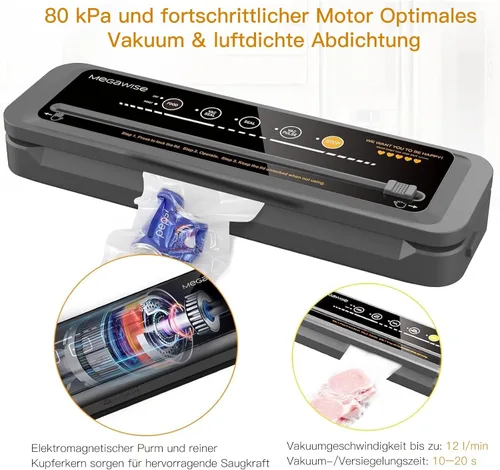 Miniatura 5 de MegaWise Máquina selladora al vacío de alimentos – Succión de alta potencia de 80 kPa, operación de un solo toque, cortador integrado – Funciona