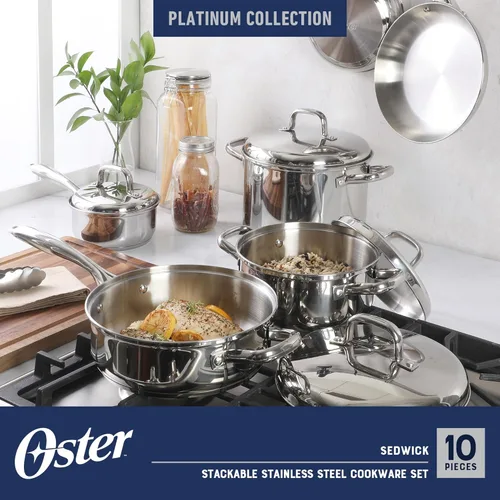 Miniatura 2 de Oster Platinum Sedwick - Juego de ollas y sartenes apilables de acero inoxidable con tapas de acero inoxidable abovedadas con base encapsulada
