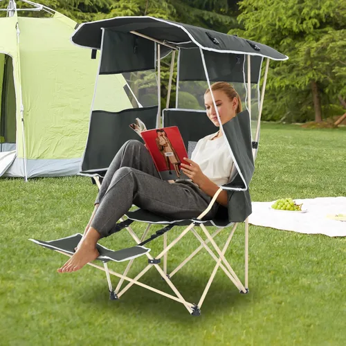 Miniatura 6 de Silla de camping con toldo, sillas deportivas para adultos, silla de toldo con reposapiés extraíble, silla de pesca en hielo con portavasos