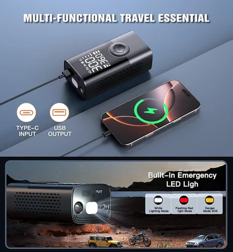 Miniatura 6 de Inflador de neumáticos, compresor de aire portátil, inalámbrico, mini bomba de aire con medidor de presión digital, inflado rápido de 150 PSI