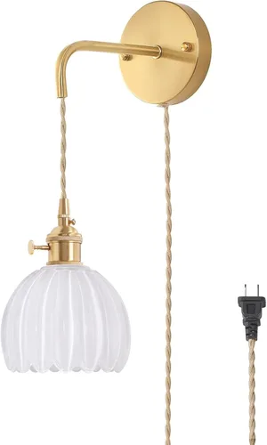 Miniatura 26 de Shenmoyl Candelabro de Pared Operado por Batería con Soporte de Cadena Ajustable, Patrón de Tulipán Verde, Vidrio con Diseño Retro en Oro, Lámpara
