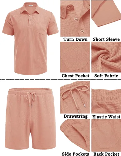 Miniatura 36 de COOFANDY Conjunto de camisa polo y pantalones cortos de punto gofre para hombre, conjunto de 2 piezas, traje de verano casual con bolsillos