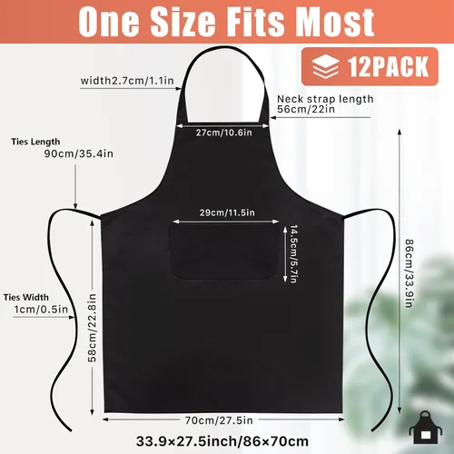 Miniatura 2 de Paquete de 12 delantales con peto, delantales negros a granel, delantales unisex lisos con 2 bolsillos, delantal negro lavable a máquina