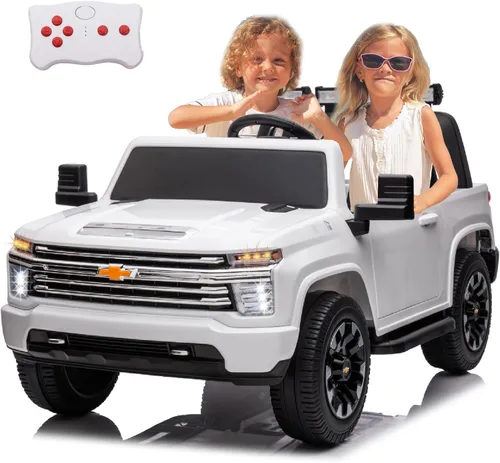 Auto de paseo para niños grandes de 24 V y 4 WD, funciona con batería, con licencia Chevrolet Silverado HD, UTV camión, al aire libre, hierba, Blanco