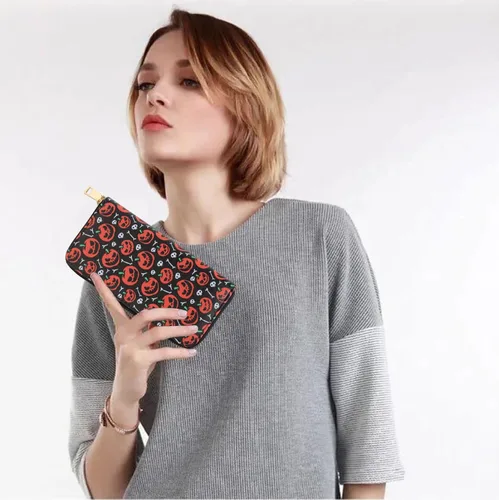 Miniatura 4 de Nabegum Billetera con estampado de vaca, regalos de vaca para mujer, monedero delgado para tarjetas de crédito, estampado de calabaza, Cartera larga