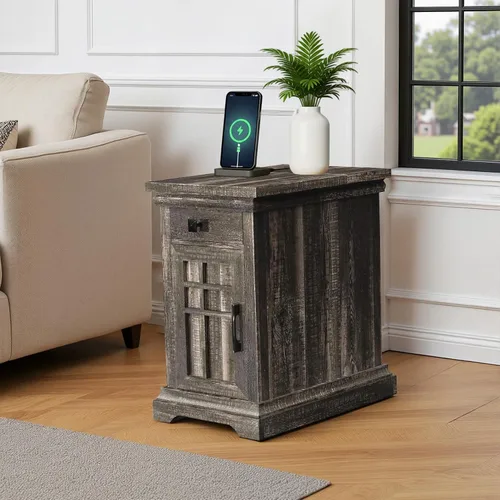 Miniatura 2 de Mesa auxiliar de granja con estación de carga, mesita de noche de madera rústica con puertos USB y tomas, cajón de almacenamiento y gabinete, mesa