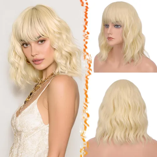 Miniatura 50 de BARSDAR Peluca rubia corta ondulada con flequillo, pelucas cortas onduladas de 14 pulgadas para mujer, pelucas sintéticas suaves hasta el hombro