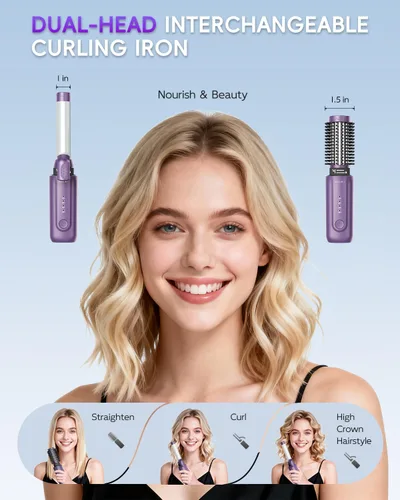 Miniatura 6 de Cordless Curling Iron Brush, 8000mAh, 4 Temp Setting, 1/1.5 inch 2 in 1 Portable Mini Travel Hot Comb,Rechargeable Hair Curler Cordless with 200