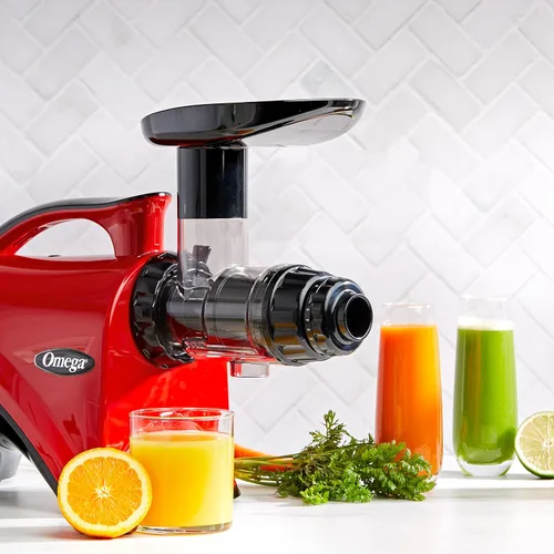 Miniatura 6 de Omega Exprimidor de jugo de frutas y verduras de primera calidad y sistema de nutrición que hace leche de nuez alimentos y sorbetes, ajustes de Rojo
