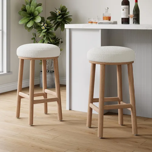 Miniatura 11 de Christopher Knight Home Aubrie - Juego de 2 taburetes de bar redondos de tela Boucle para isla de cocina, silla de comedor de madera sin espalda